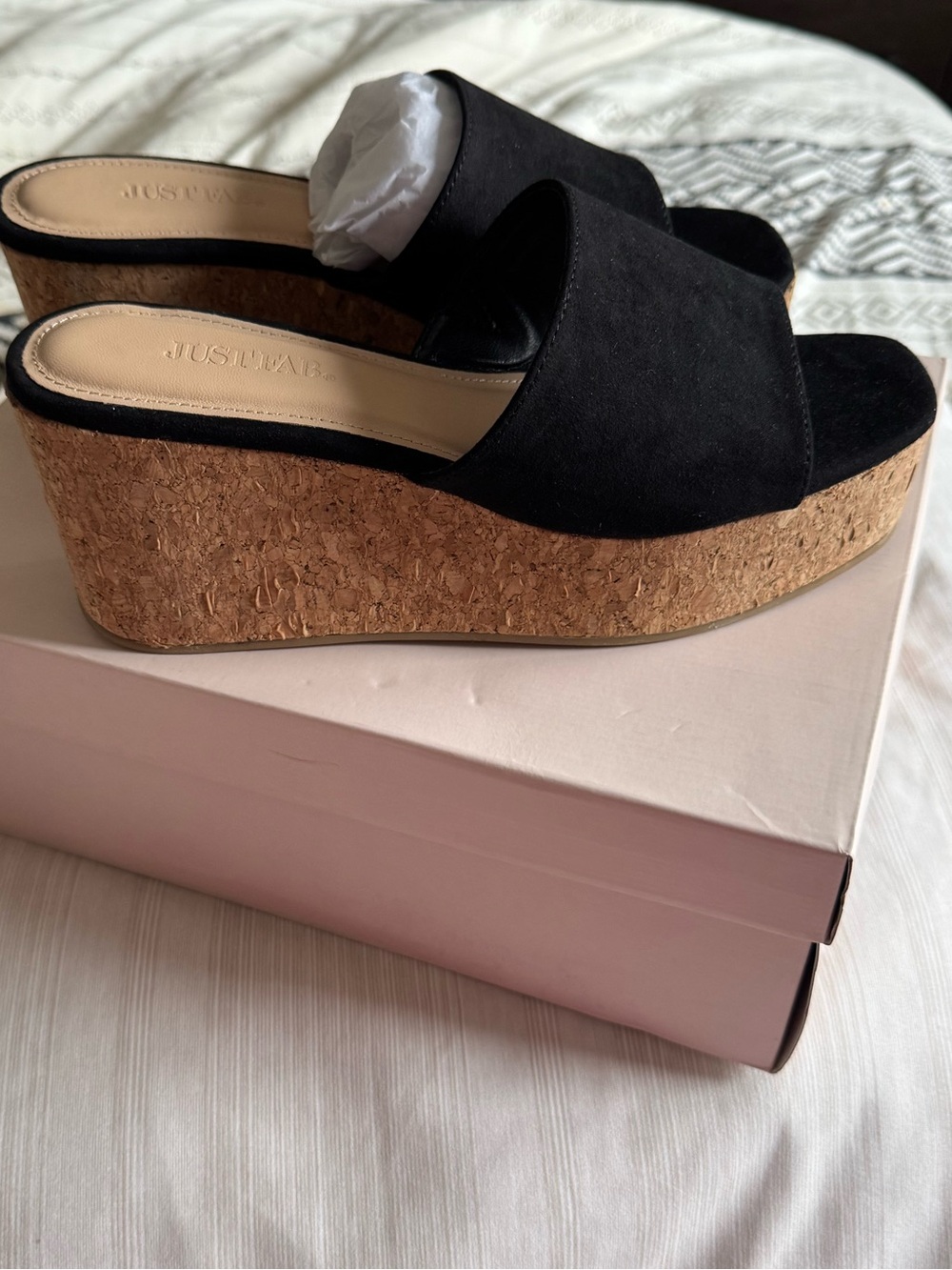 NWT Justfab Black Suede Cork Platform Slide Sandals Sz 7